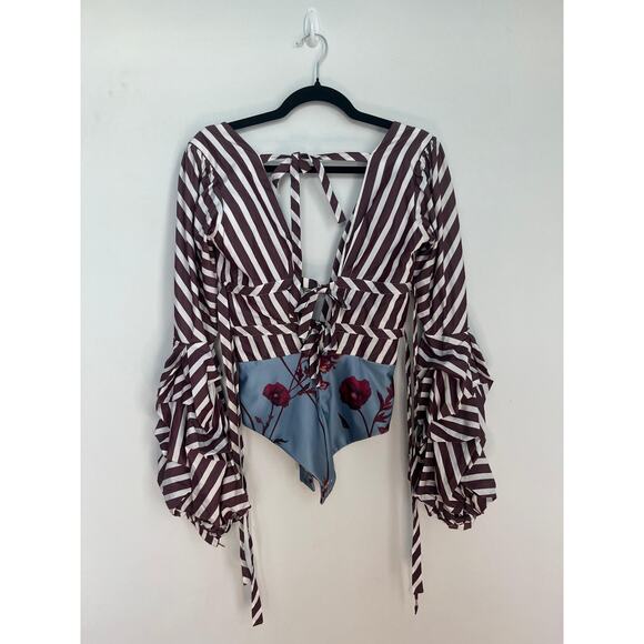 Johanna Ortiz Tie Back Blouse Women 0 Ruffle Sleeve Stripe Floral - Picture 1 of 10